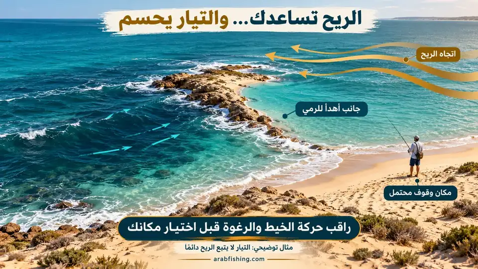 رسم يوضح الريح واتجاه التيار عند الشاطئ